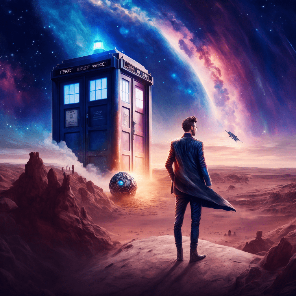 The Doctor standing next to his TARDIS, looking out on a vast alien planet. There are stars and planets in the sky. 