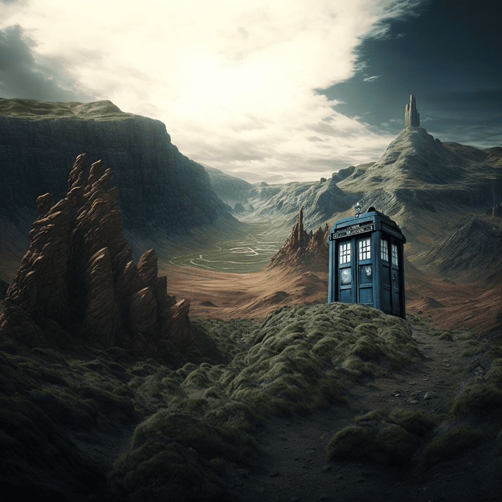 The Doctor's TARDIS parked in a vast, desolate landscape of towering, jagged mountains and deep, cavernous valleys.