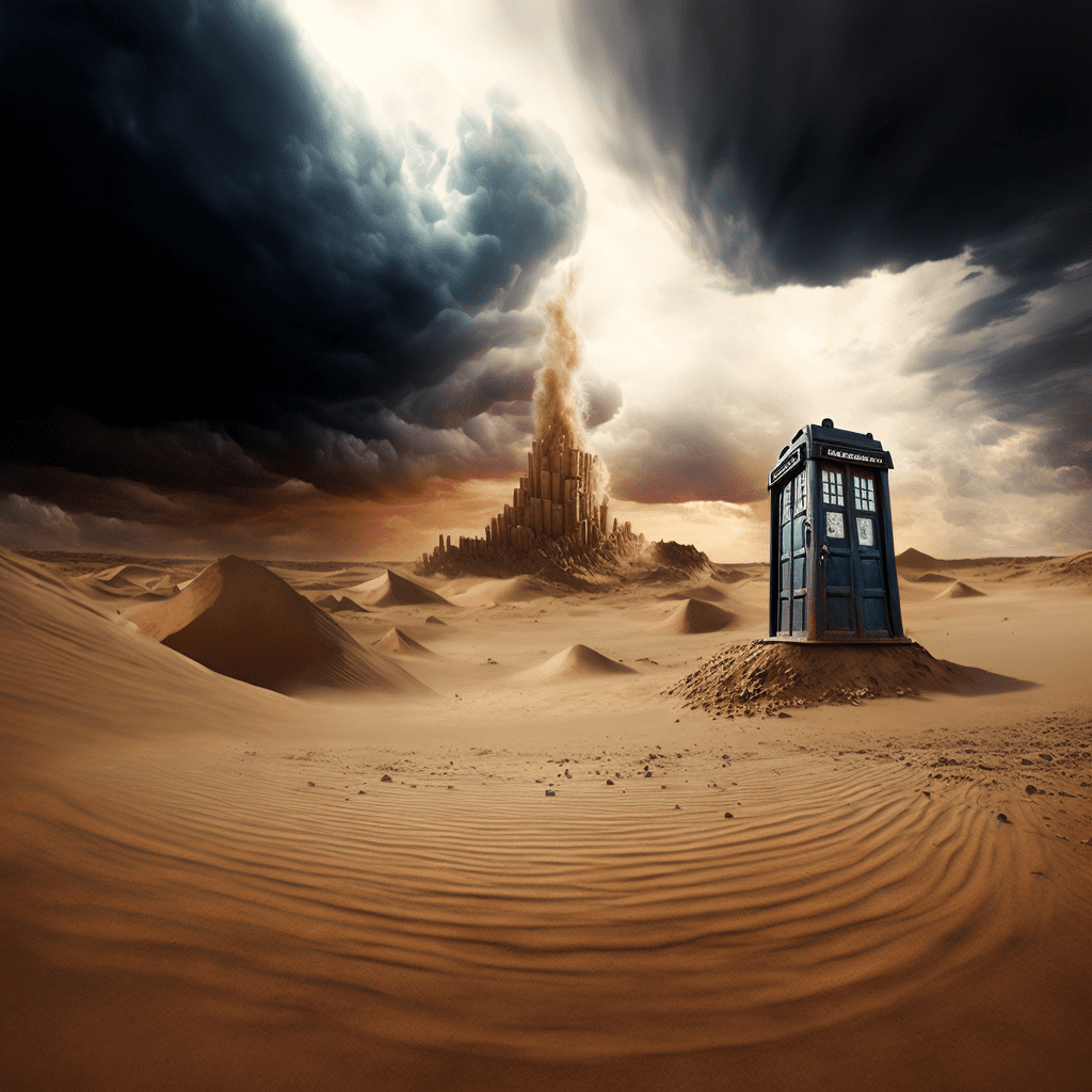 The Doctor's TARDIS parked in a world of endless, rolling sand dunes, with towering storms of dust and debris raging across the horizon.